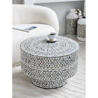 Handcrafted Mother of Pearl Coffee Table, Sculptural Pedestal Drum Accent