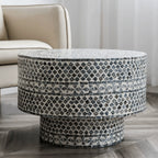 Handcrafted Mother of Pearl Coffee Table, Sculptural Pedestal Drum Accent