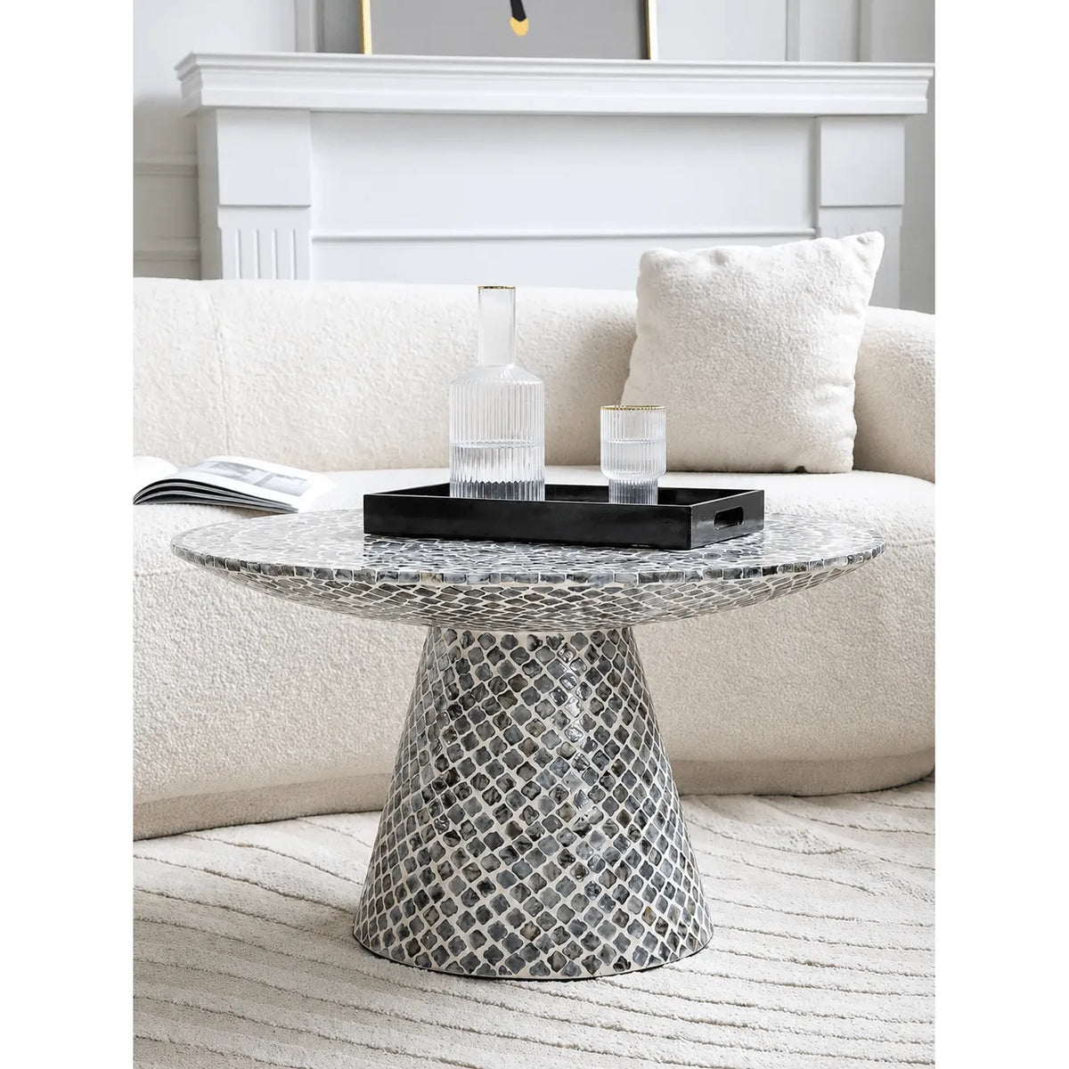 Handcrafted Mother of Pearl Coffee Table, Sculptural Pedestal Drum Accent