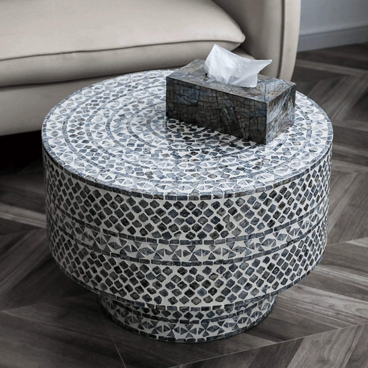 Handcrafted Mother of Pearl Coffee Table, Sculptural Pedestal Drum Accent