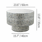 Handcrafted Mother of Pearl Coffee Table, Sculptural Pedestal Drum Accent Dimensions