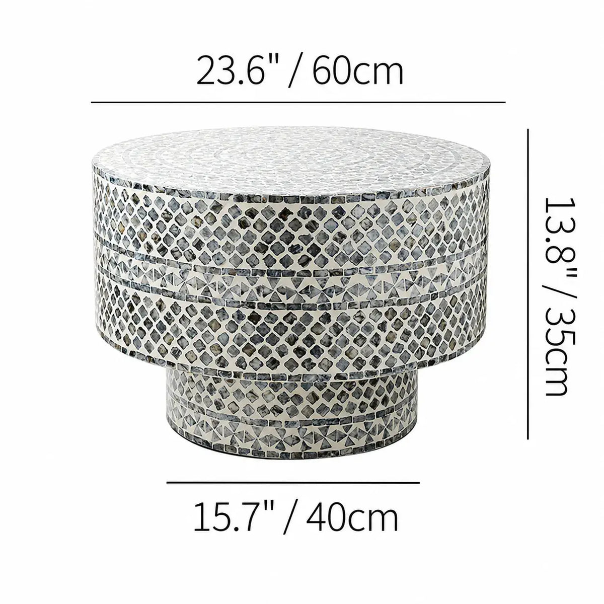 Handcrafted Mother of Pearl Coffee Table, Sculptural Pedestal Drum Accent Dimensions