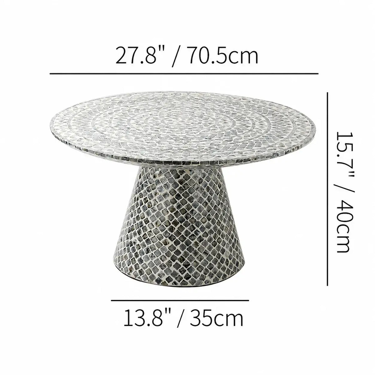 Handcrafted Mother of Pearl Coffee Table, Sculptural Pedestal Drum Accent Dimensions