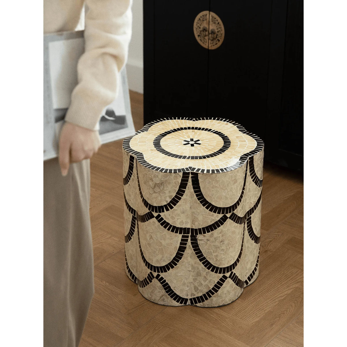 Handcrafted Mother of Pearl Side Table, Petal Top Art Accent
