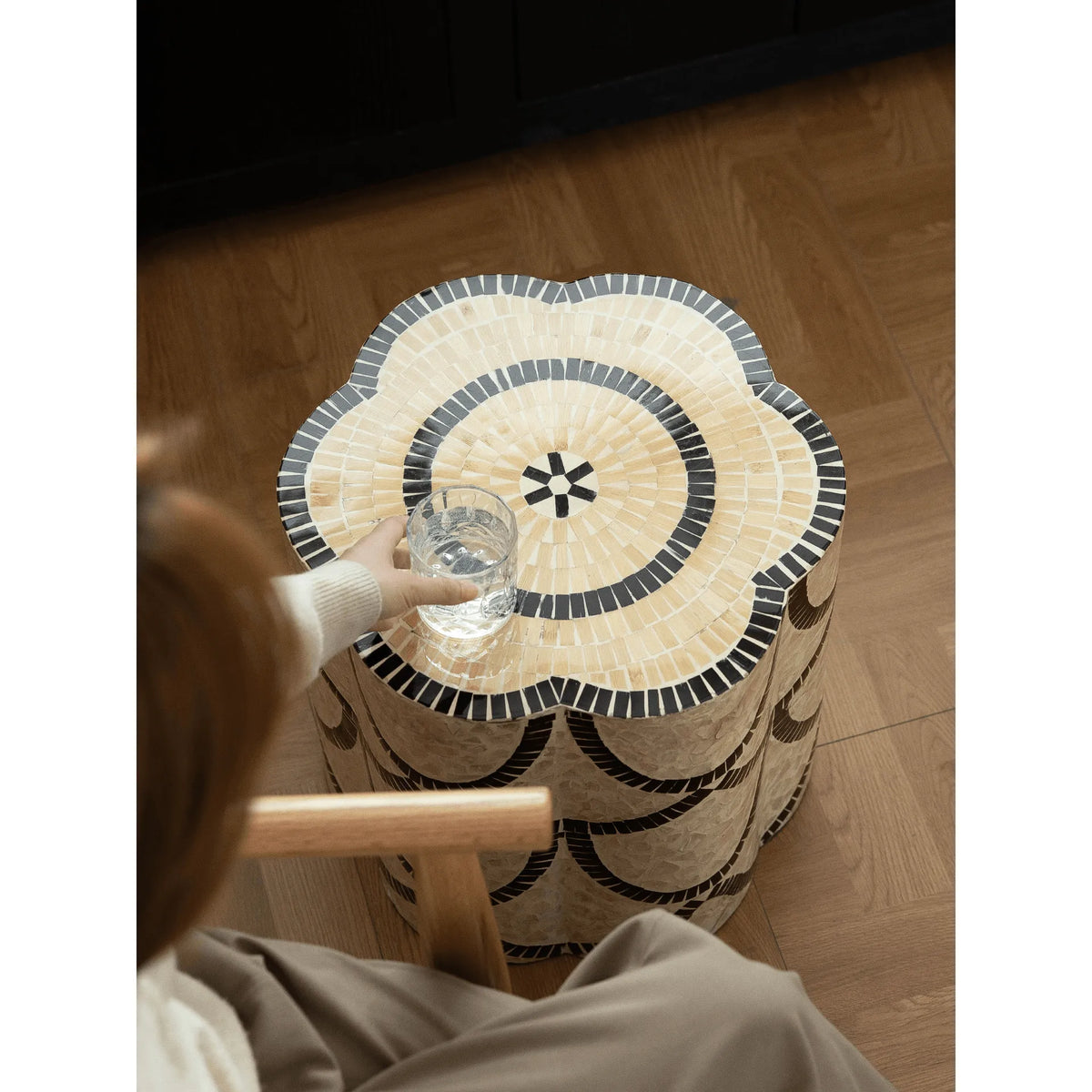Handcrafted Mother of Pearl Side Table, Petal Top Art Accent