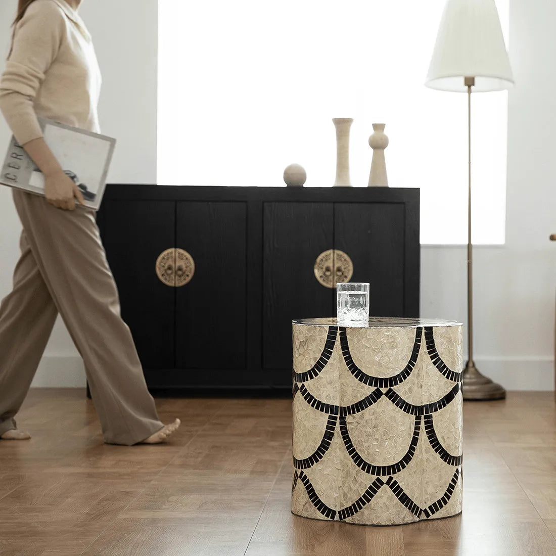 Handcrafted Mother of Pearl Side Table, Petal Top Art Accent