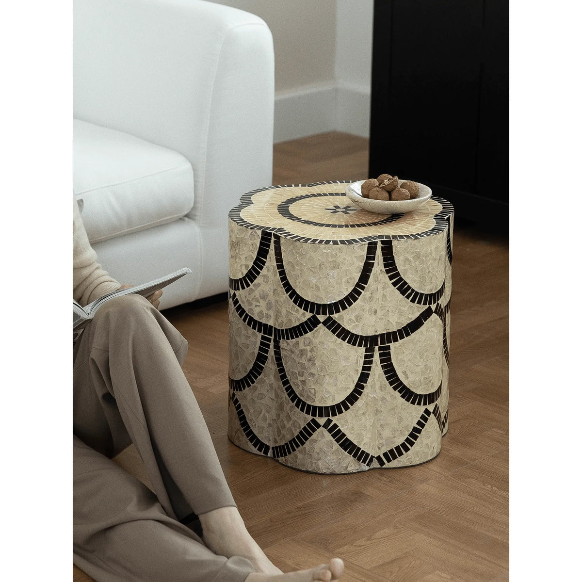 Handcrafted Mother of Pearl Side Table, Petal Top Art Accent Main Product Image