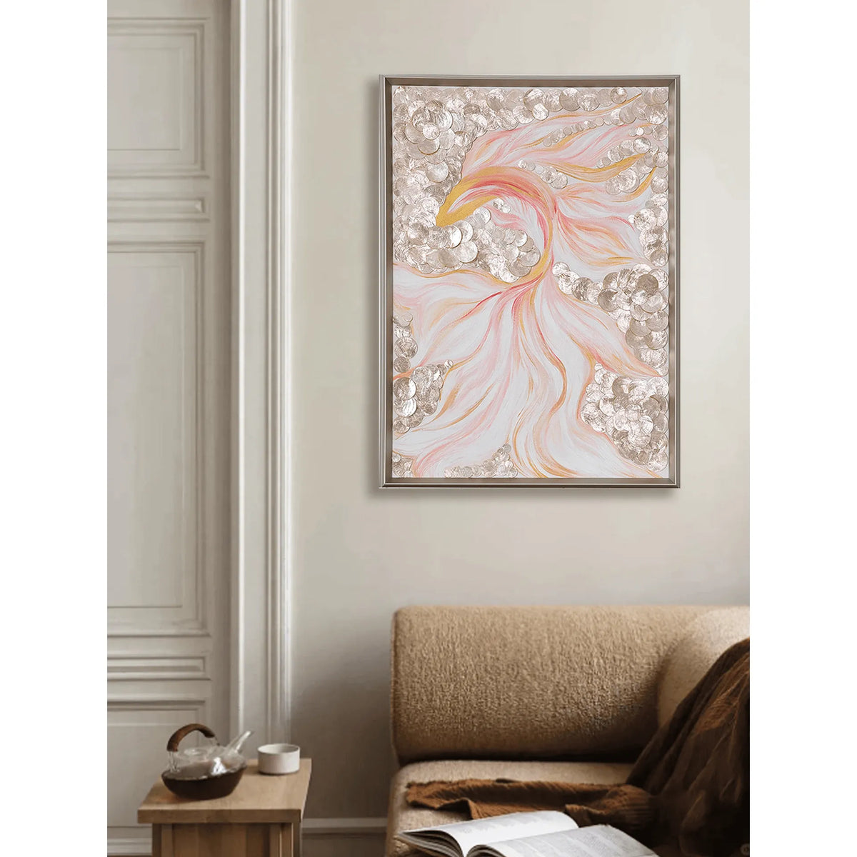 Handcrafted Mother of Pearl Wall Art, Layered Koi Relief for Bright Entry and Living Spaces