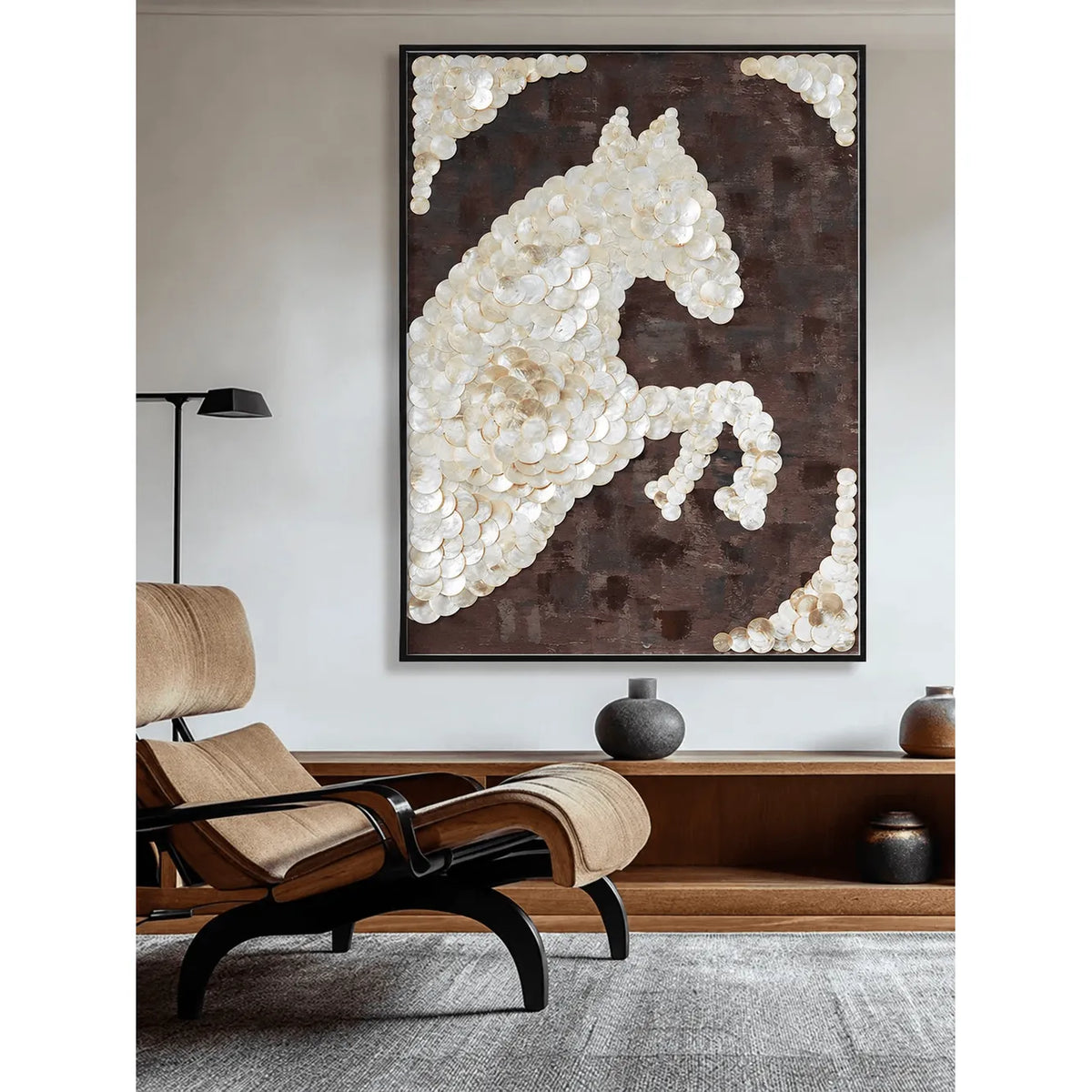 Handcrafted Mother of Pearl Wall Art, Sculpted Horse Relief for Entryway