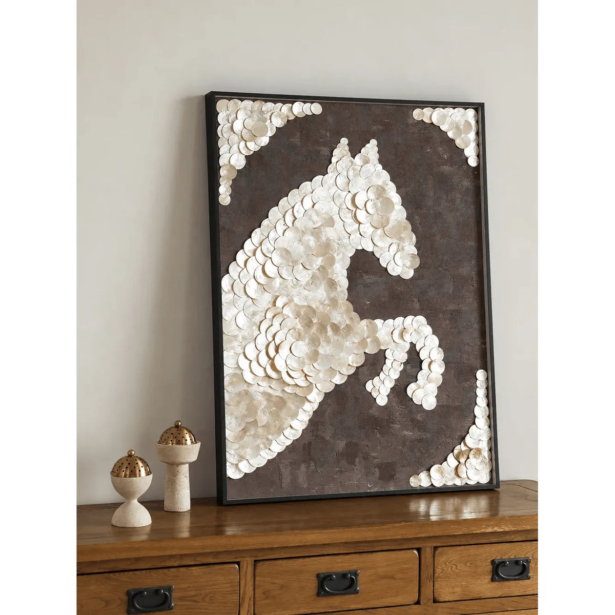 Handcrafted Mother of Pearl Wall Art, Sculpted Horse Relief for Entryway