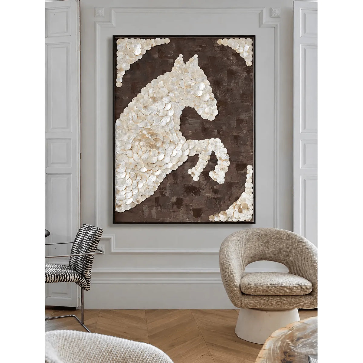 Handcrafted Mother of Pearl Wall Art, Sculpted Horse Relief for Entryway Main Product Image