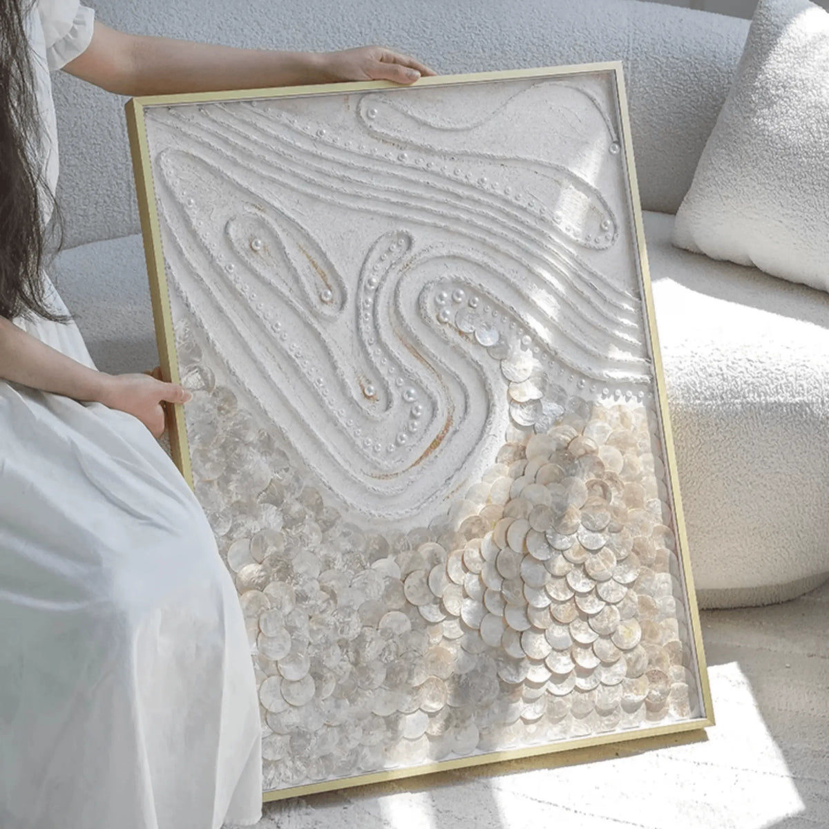 Handcrafted Mother of Pearl Wall Art Series with Gold Frame Relief