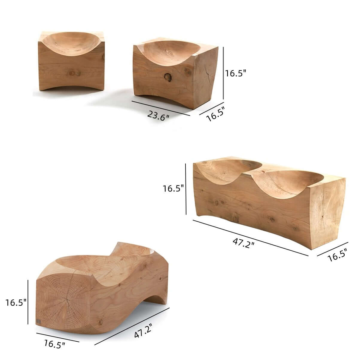 Handcrafted Natural Wood Bench With Elegant Curved Lines Dimensions