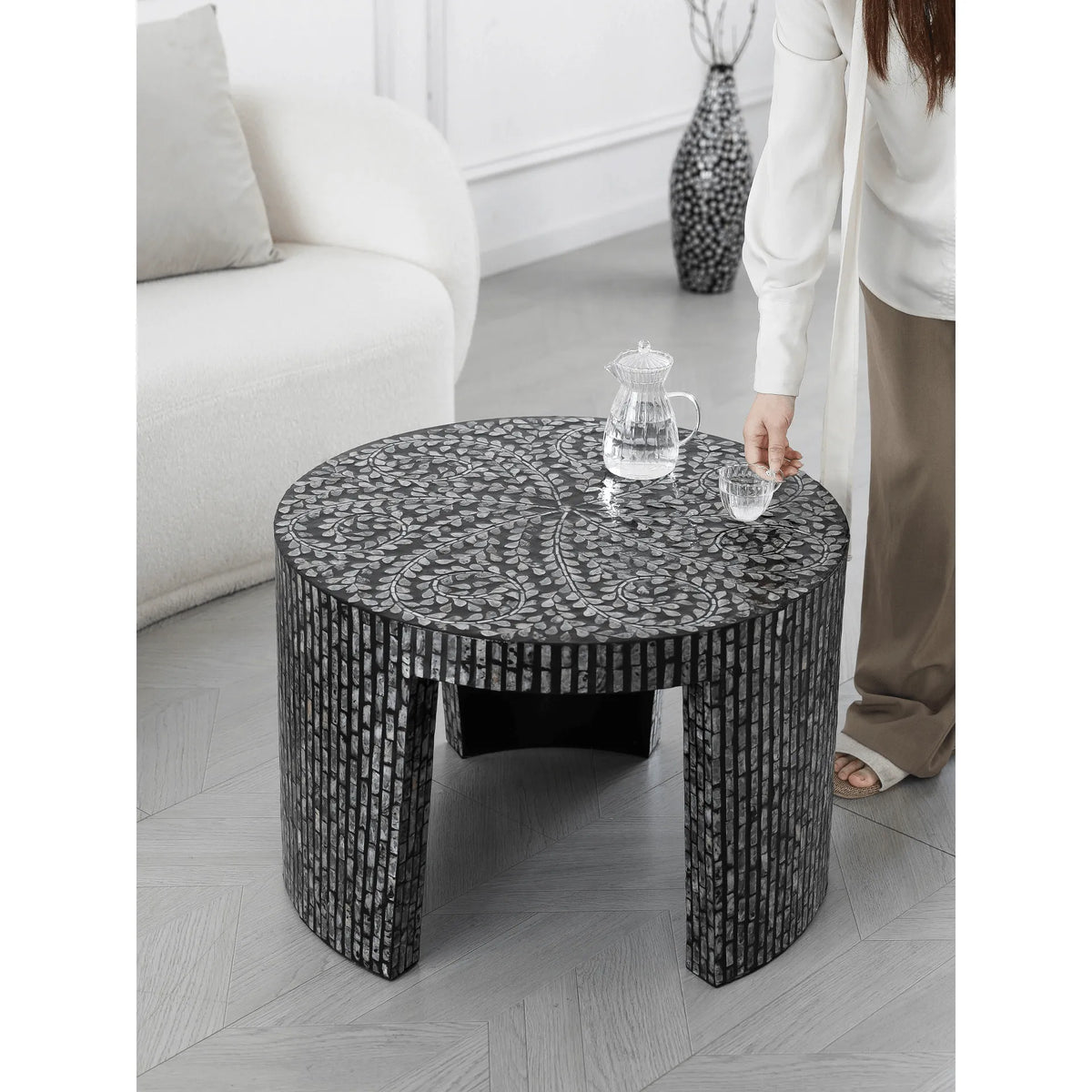 Handmade Mother of Pearl Coffee Table with Sculptural Round Base
