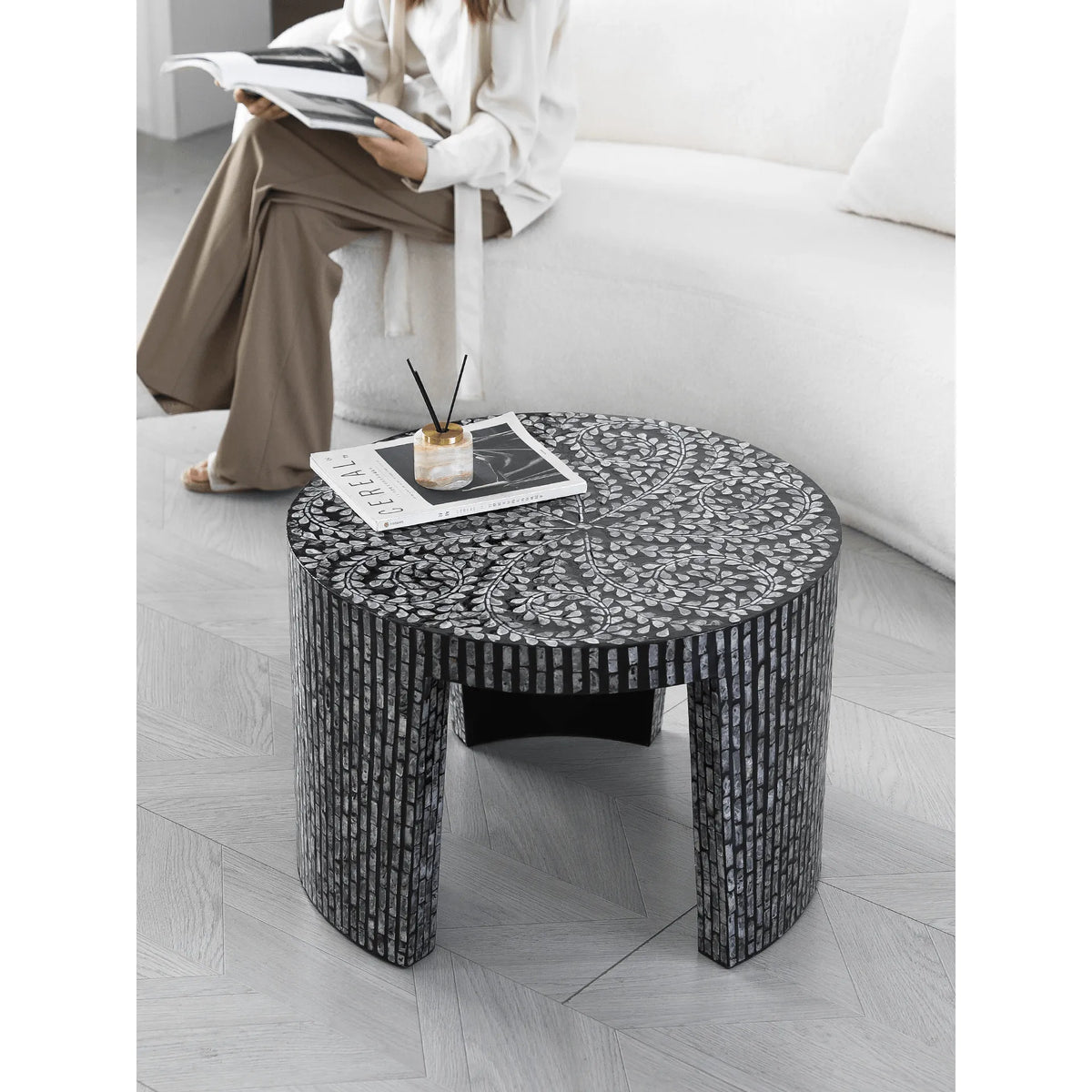 Handmade Mother of Pearl Coffee Table with Sculptural Round Base