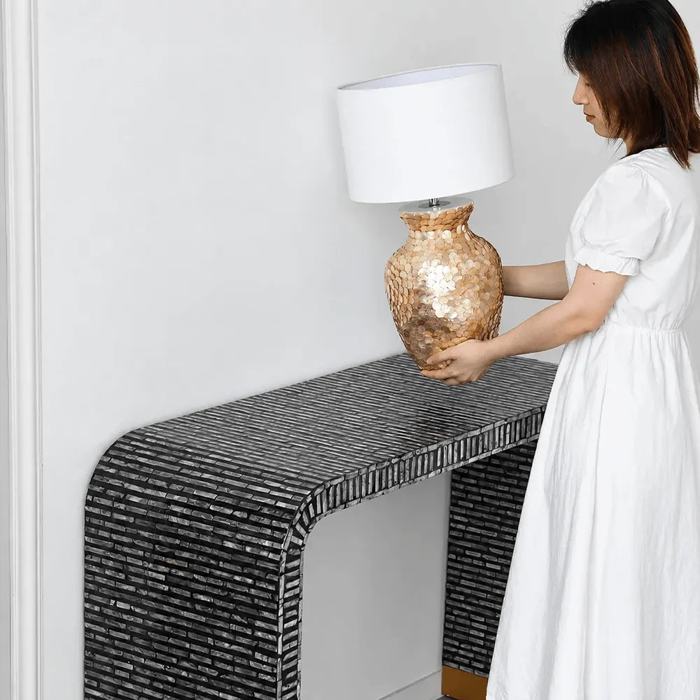 Handmade Mother of Pearl Console Table With Arched Silhouette and Gold-Tipped Base