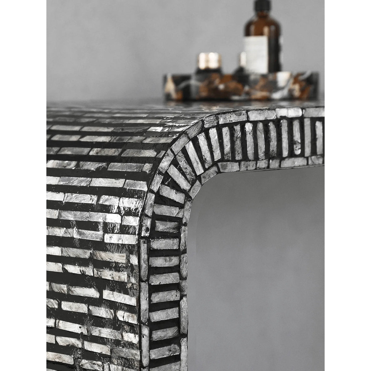 Handmade Mother of Pearl Console Table With Arched Silhouette and Gold-Tipped Base