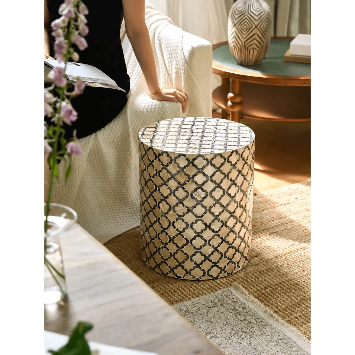 Handmade Mother of Pearl Side Table, Clover Shell Pedestal Accent