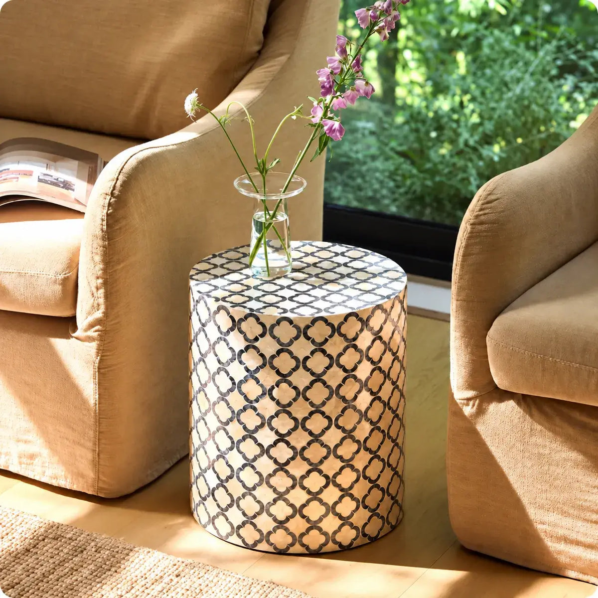 Handmade Mother of Pearl Side Table, Clover Shell Pedestal Accent
