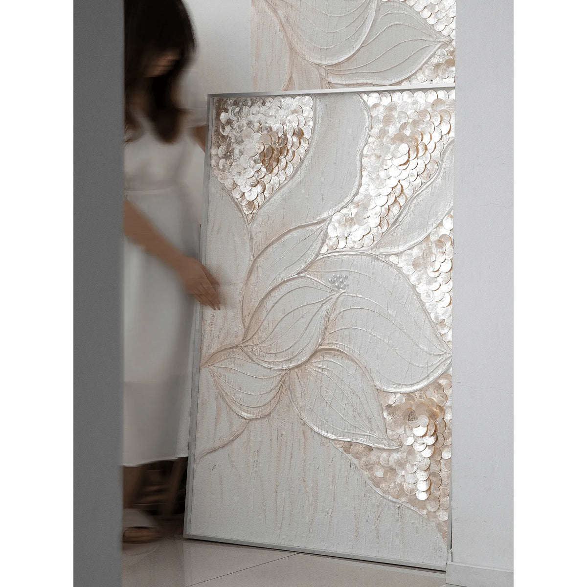 Handmade Mother of Pearl Wall Art Diptych with Lotus Relief and Soft Gold Glow