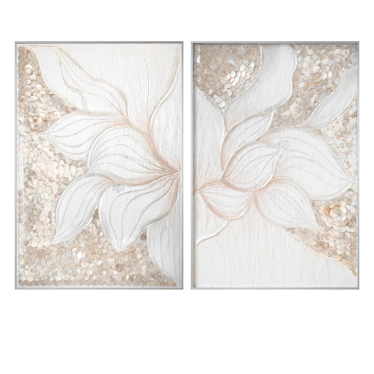 Handmade Mother of Pearl Wall Art Diptych with Lotus Relief and Soft Gold Glow