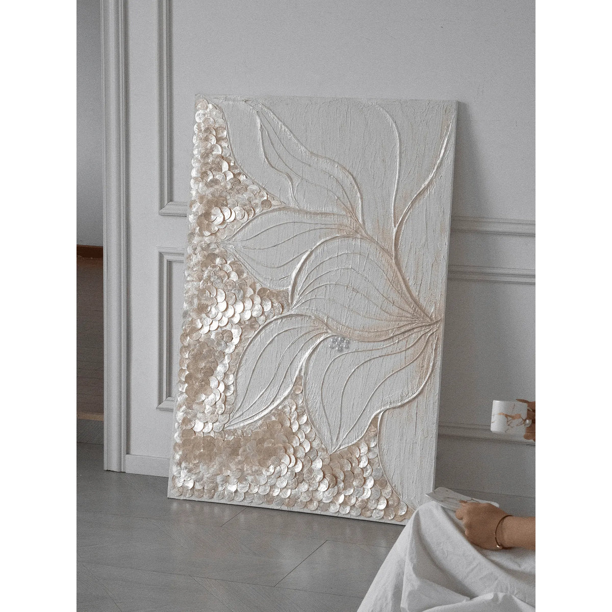 Handmade Mother of Pearl Wall Art Diptych with Lotus Relief and Soft Gold Glow Main Product Image