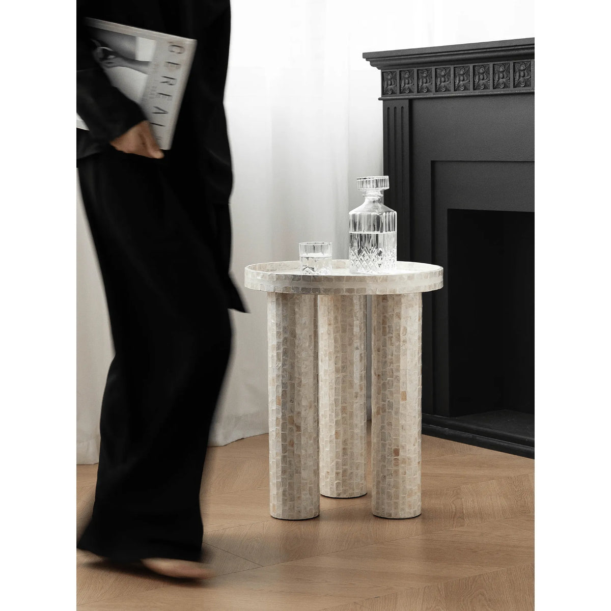 Handmade Sunburst Mother of Pearl Side Table with Sculptural Tripod Base
