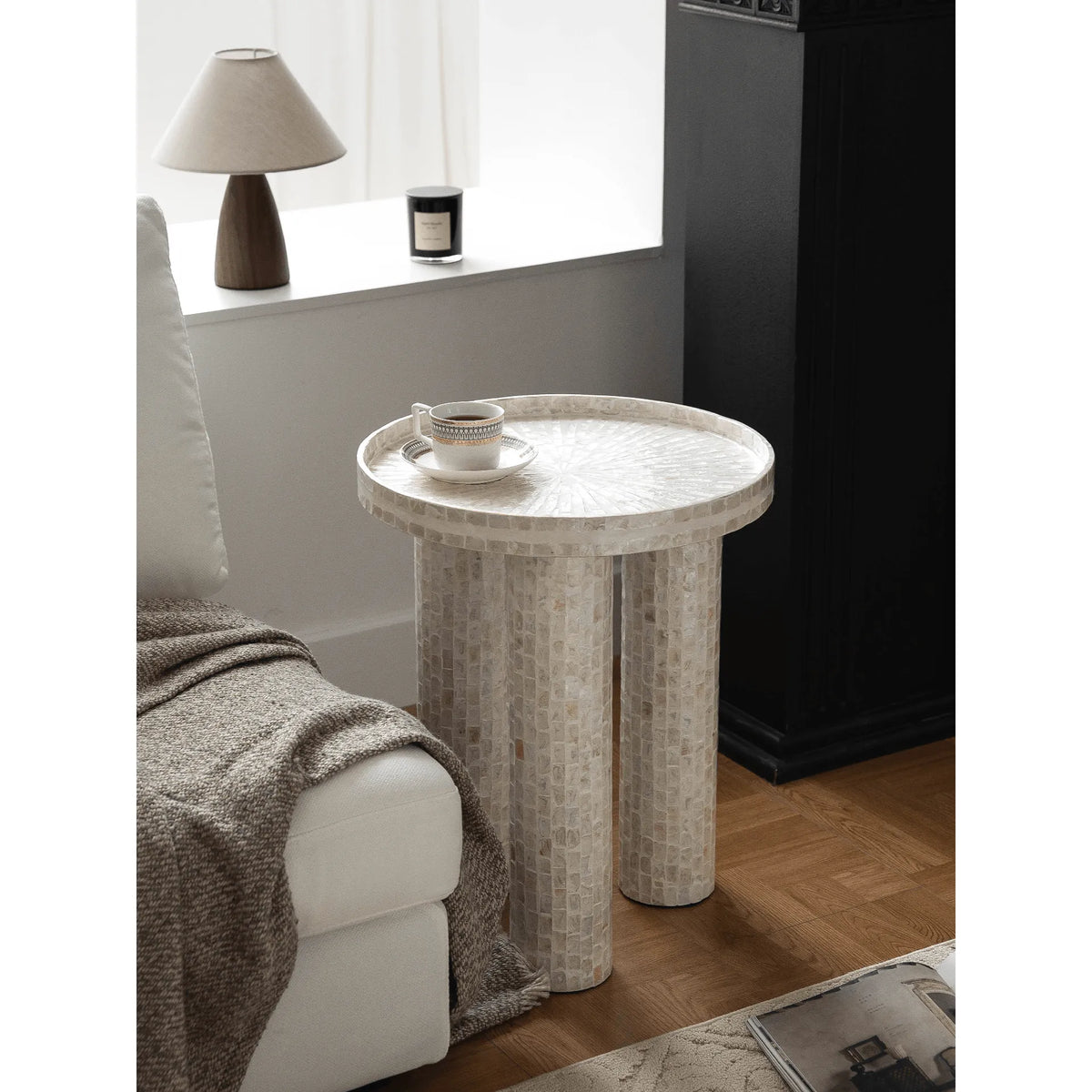 Handmade Sunburst Mother of Pearl Side Table with Sculptural Tripod Base