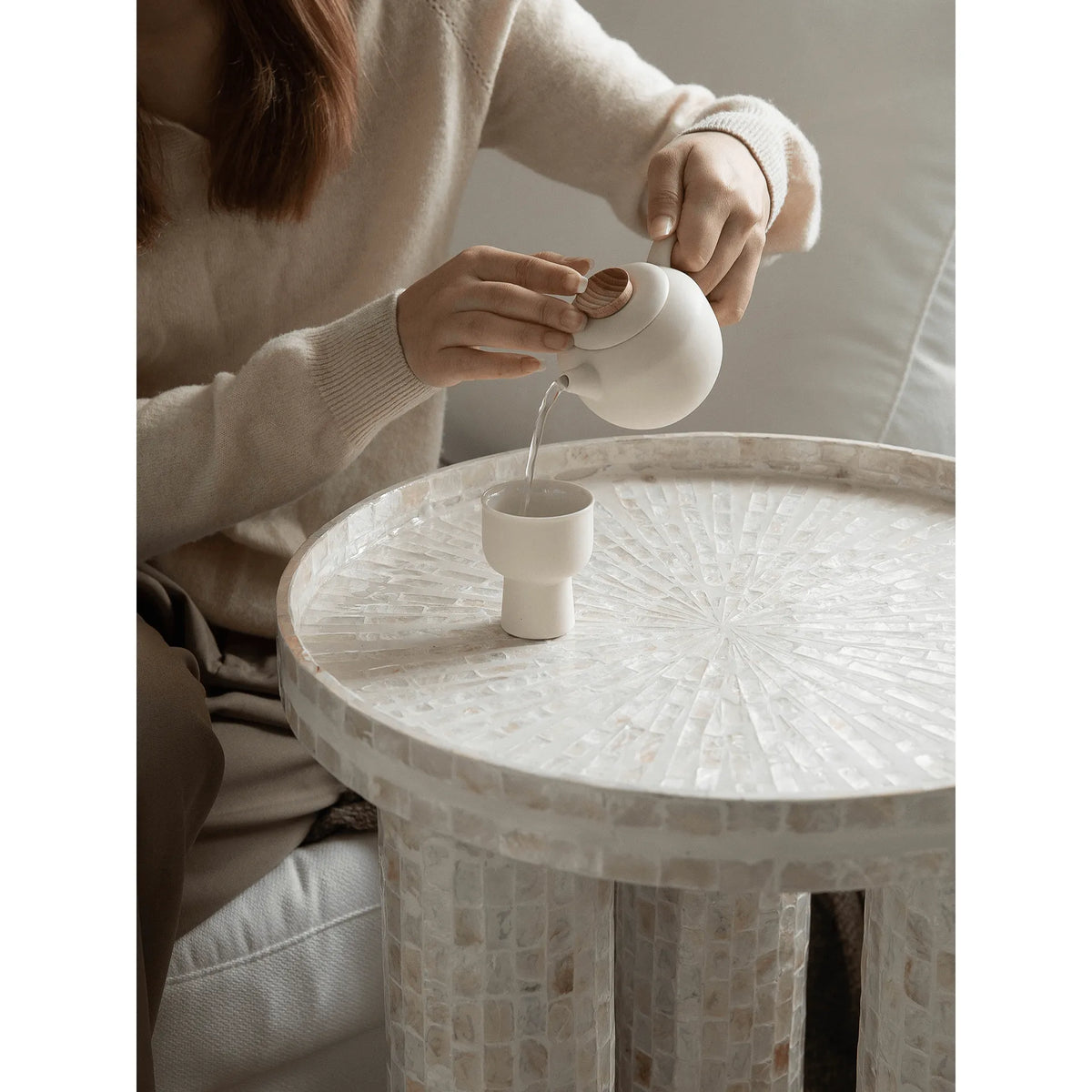 Handmade Sunburst Mother of Pearl Side Table with Sculptural Tripod Base