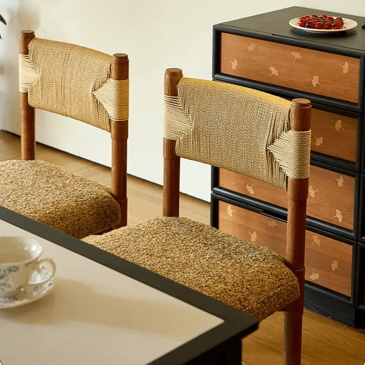 Handwoven Paper Rope & Solid Wood Vintage Dining Chair with Ergonomic Curve