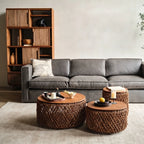 Handwoven Rattan Coffee Table Set with Solid Teak Lids & Hidden Storage