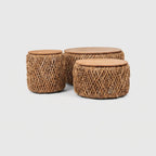 Handwoven Rattan Coffee Table Set with Solid Teak Lids & Hidden Storage