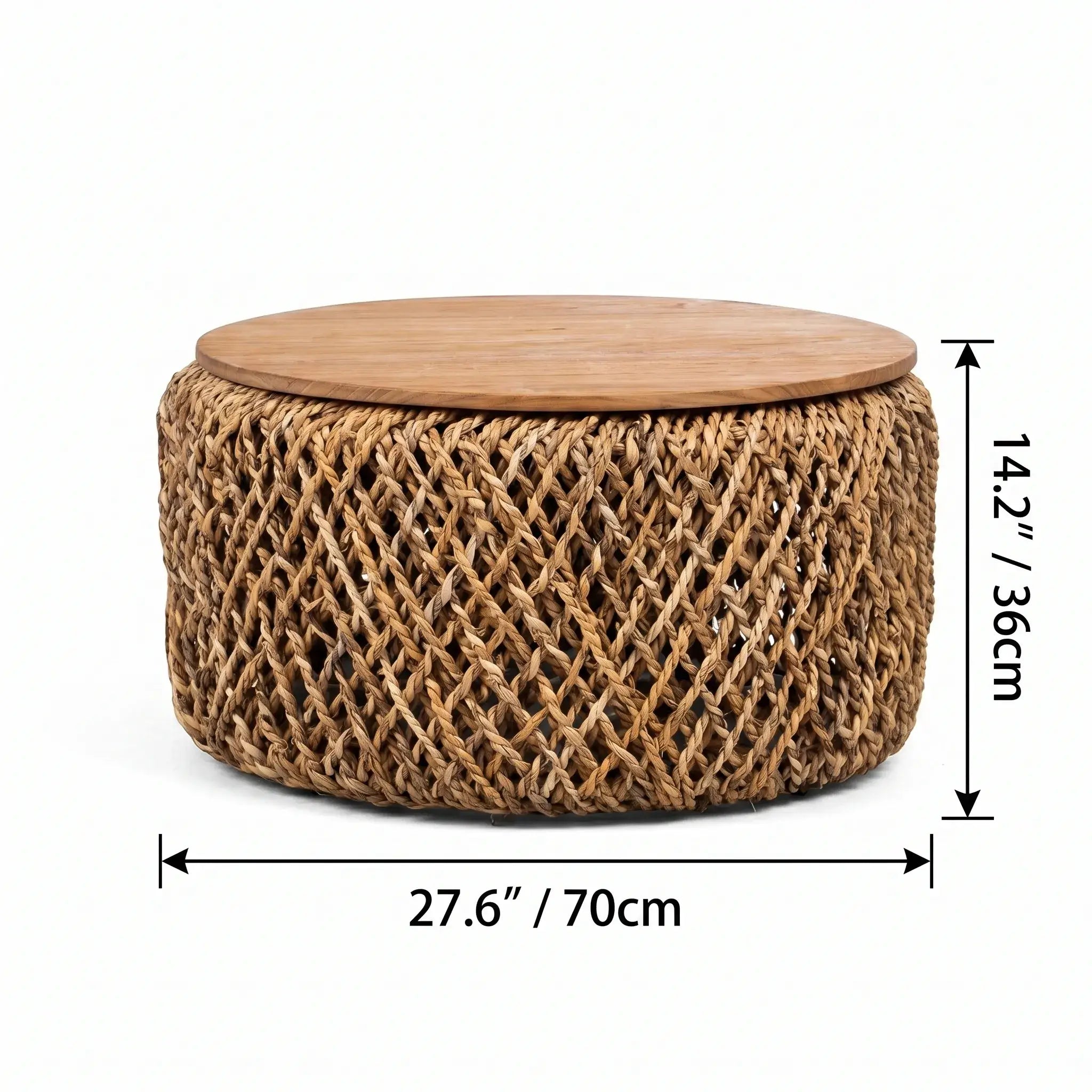 Handwoven Rattan Coffee Table Set with Solid Teak Lids & Hidden Storage Dimensions