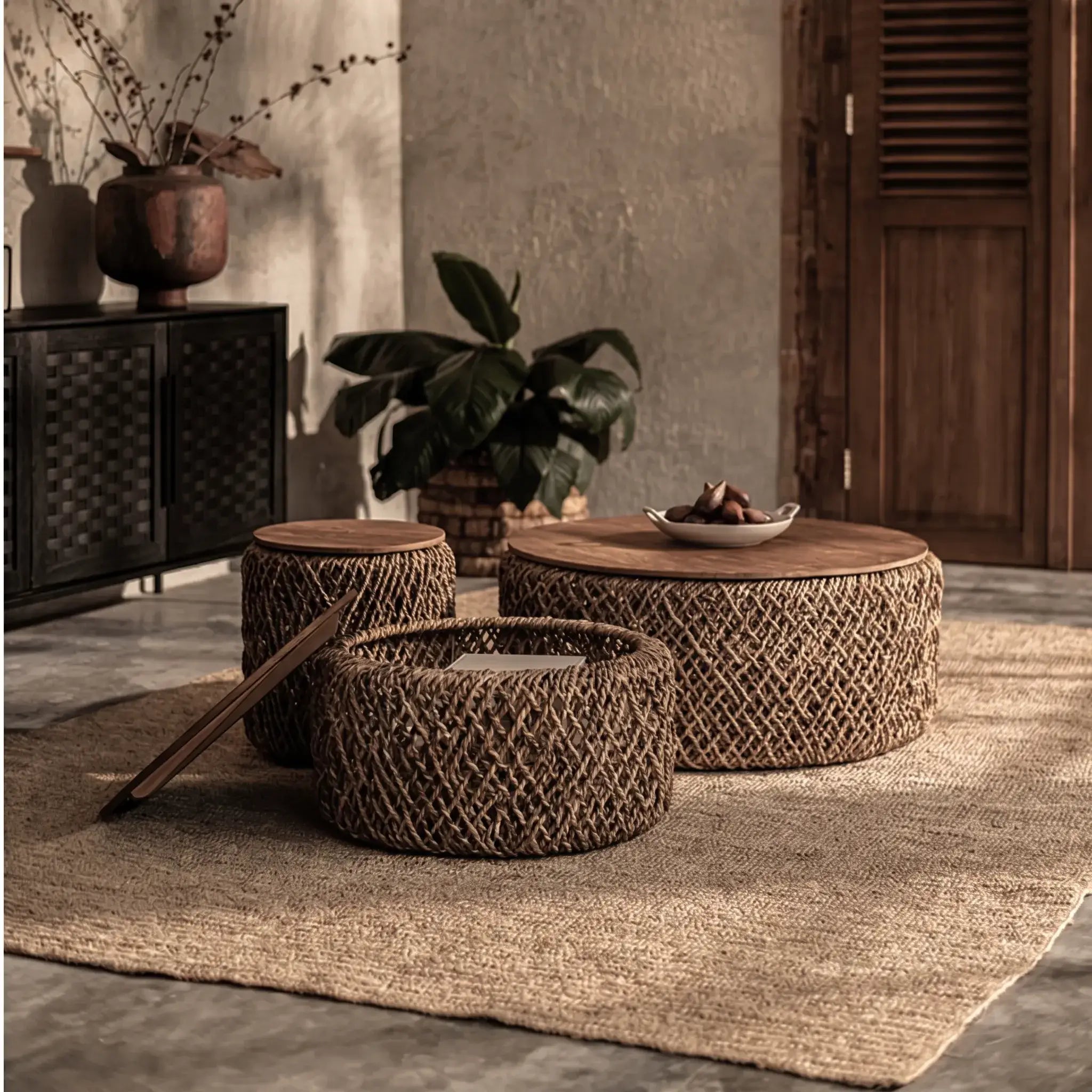 Handwoven Rattan Coffee Table Set with Solid Teak Lids & Hidden Storage Main Product Image
