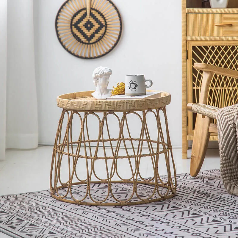 Handwoven Rattan Round Coffee Table with Sculptural X-Base and Rounded Safety Edges