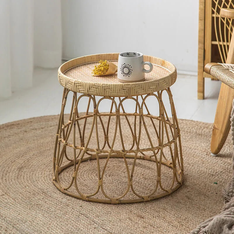 Handwoven Rattan Round Coffee Table with Sculptural X-Base and Rounded Safety Edges