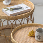 Handwoven Rattan Round Coffee Table with Sculptural X-Base and Rounded Safety Edges