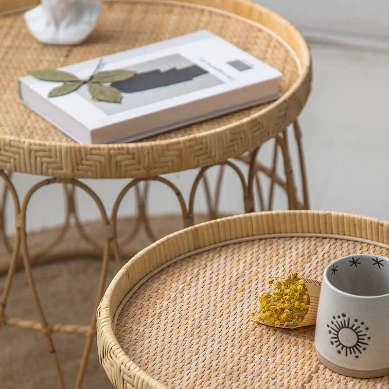 Handwoven Rattan Round Coffee Table with Sculptural X-Base and Rounded Safety Edges