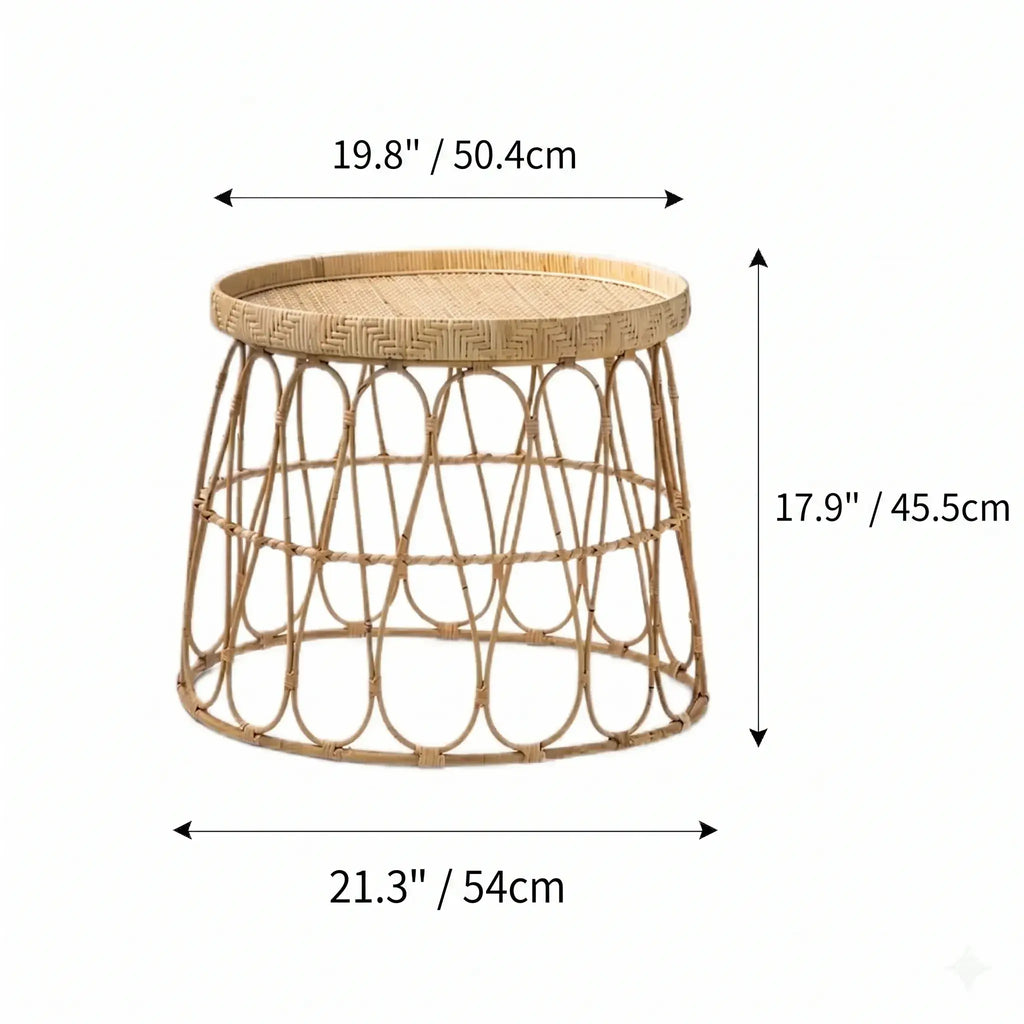 Handwoven Rattan Round Coffee Table with Sculptural X-Base and Rounded Safety Edges Dimensions