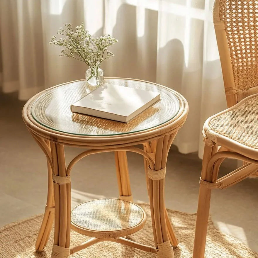 Handwoven Rattan Side Table with Open Shelf & Natural Texture