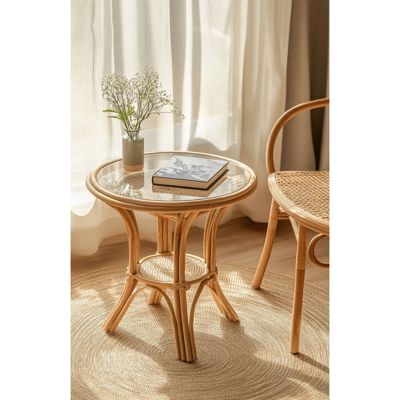 Handwoven Rattan Side Table with Open Shelf & Natural Texture
