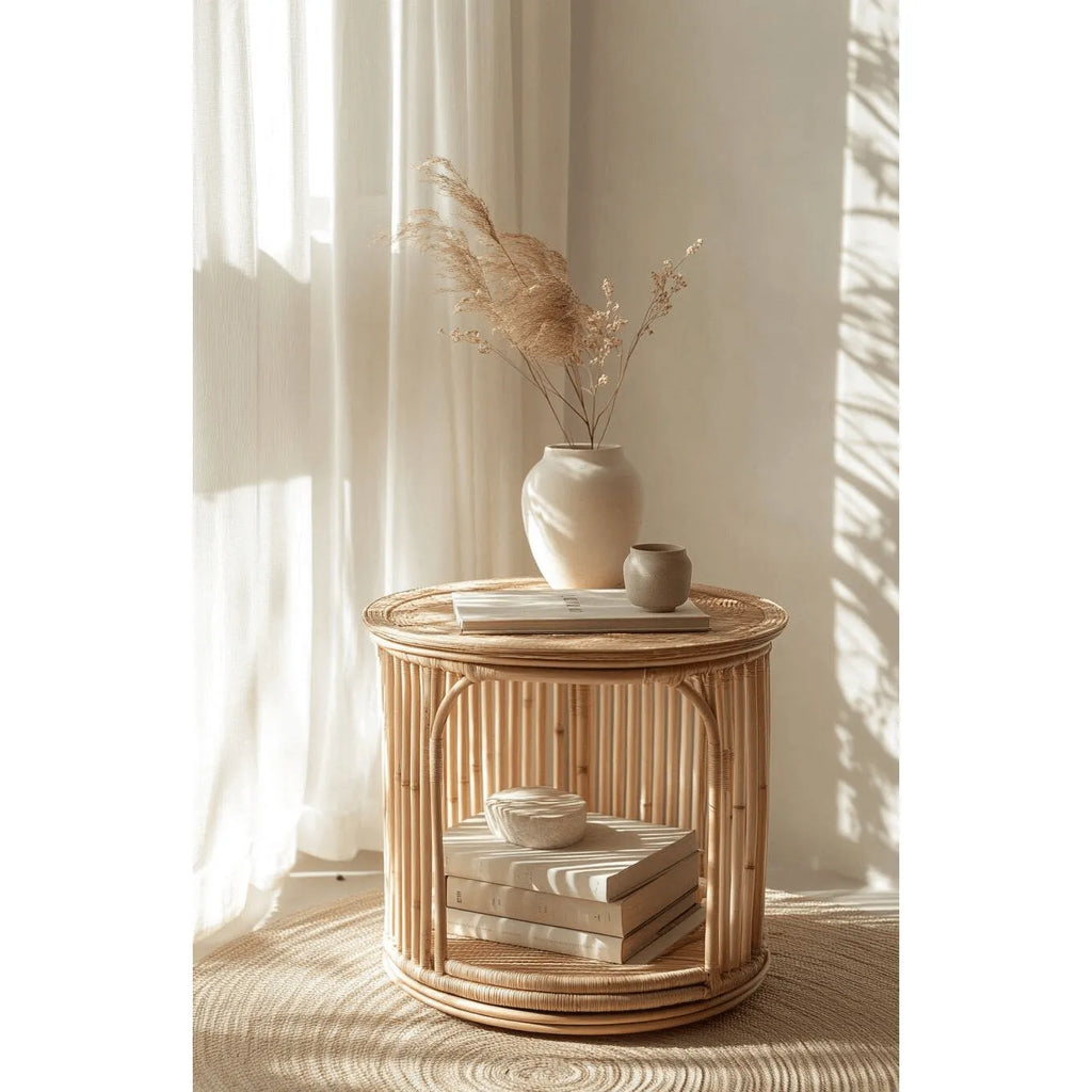 Handwoven Rattan Side Table with Open Shelf & Natural Texture