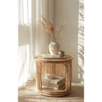 Handwoven Rattan Side Table with Open Shelf & Natural Texture