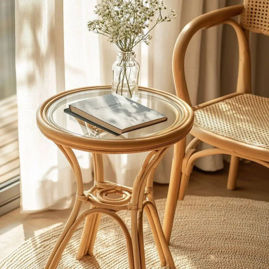 Handwoven Rattan Side Table with Open Shelf & Natural Texture