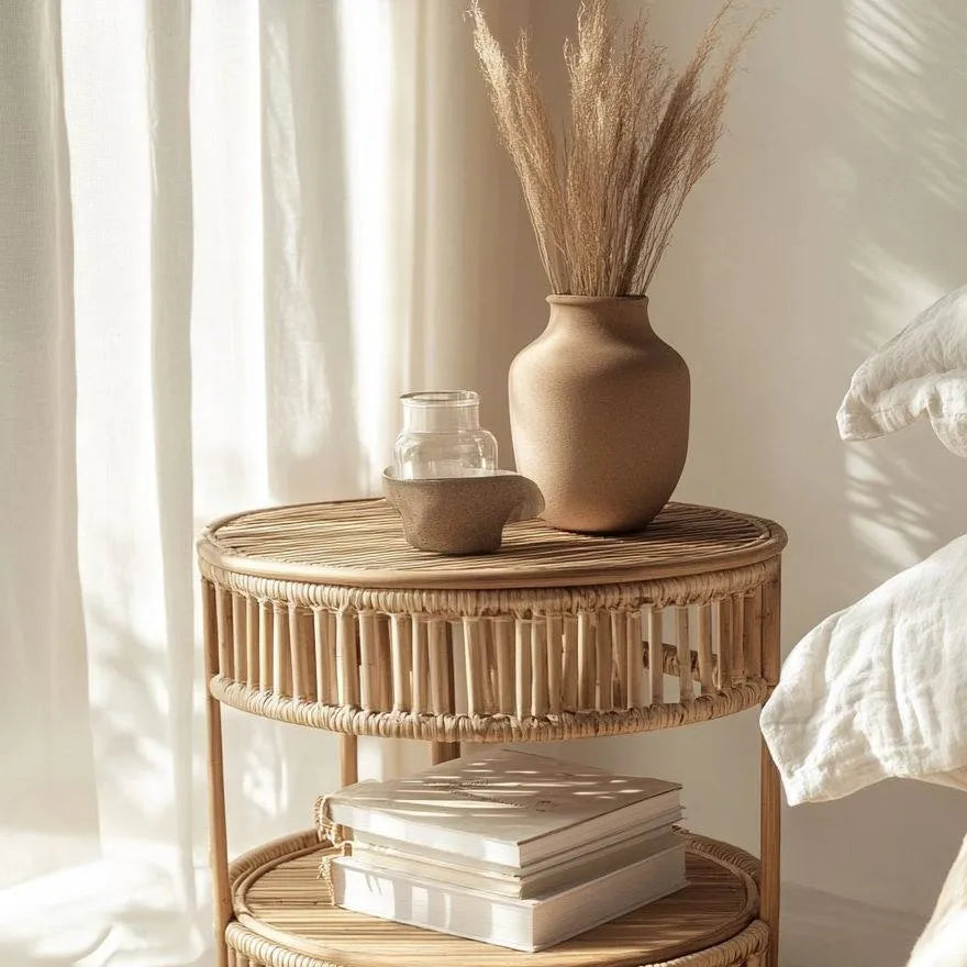 Handwoven Rattan Side Table with Open Shelf & Natural Texture