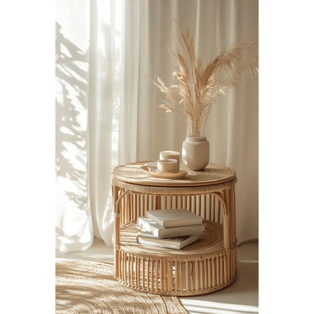 Handwoven Rattan Side Table with Open Shelf & Natural Texture