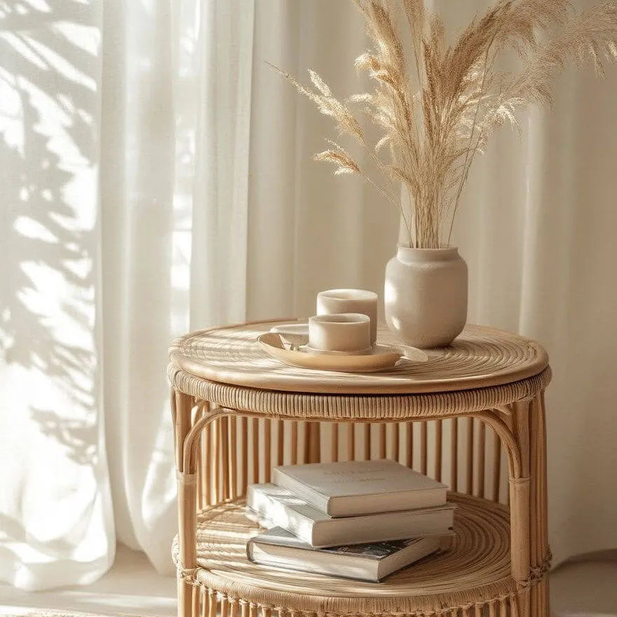 Handwoven Rattan Side Table with Open Shelf & Natural Texture