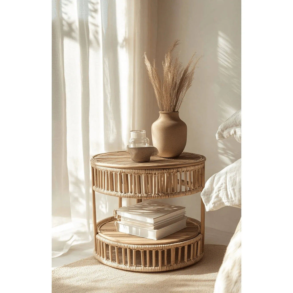 Handwoven Rattan Side Table with Open Shelf & Natural Texture