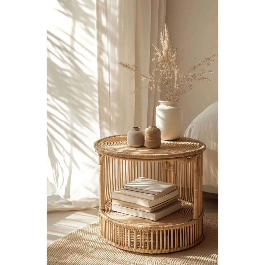 Handwoven Rattan Side Table with Open Shelf & Natural Texture