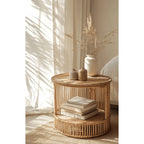 Handwoven Rattan Side Table with Open Shelf & Natural Texture